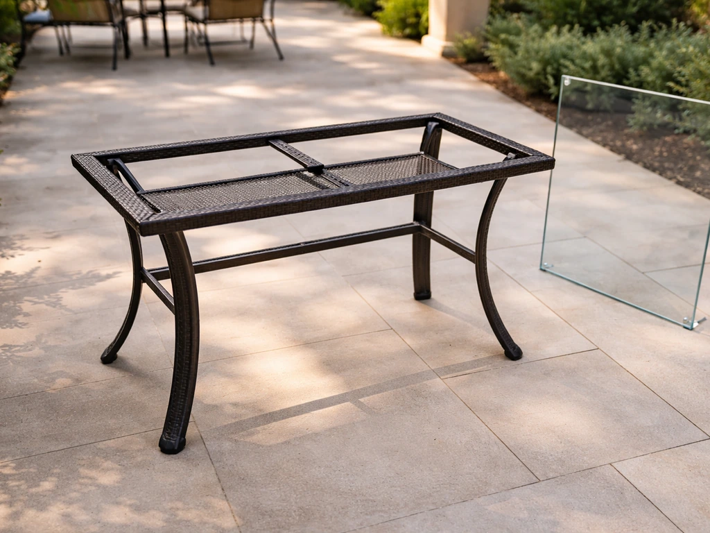Patio glass-topped table with the glass removed and stored to the side, positioned to reduce tipping risk.