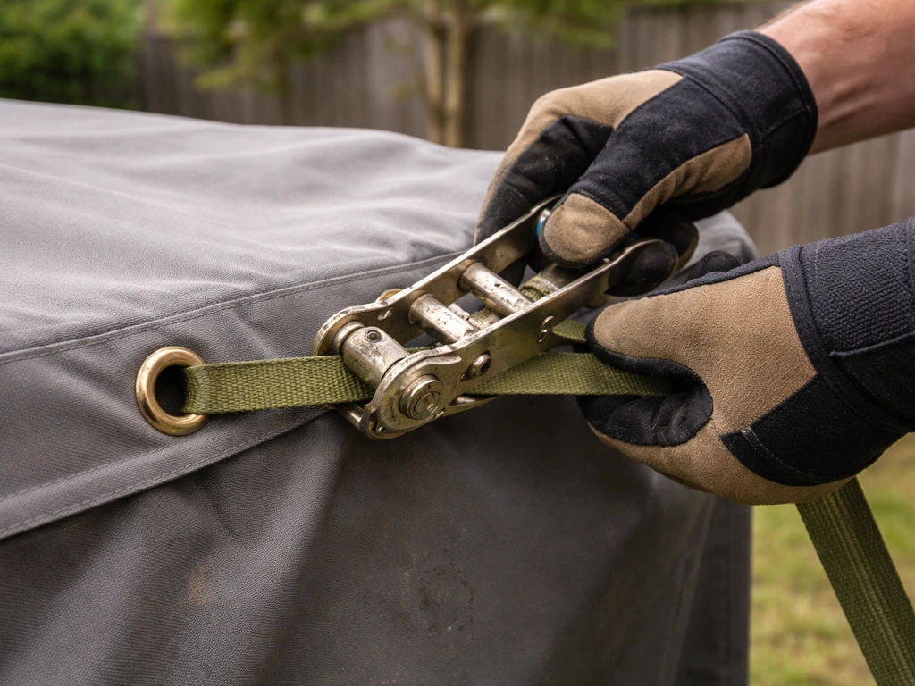 Gloved hands re-tightening ratchet straps and inspecting cover grommets outdoors before wind season.