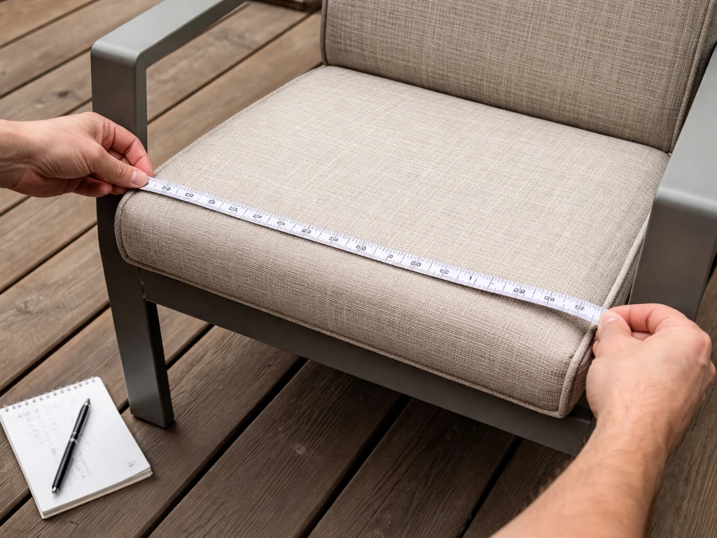Close-up measuring a patio chair seat with a flexible tape measure and handwritten notes