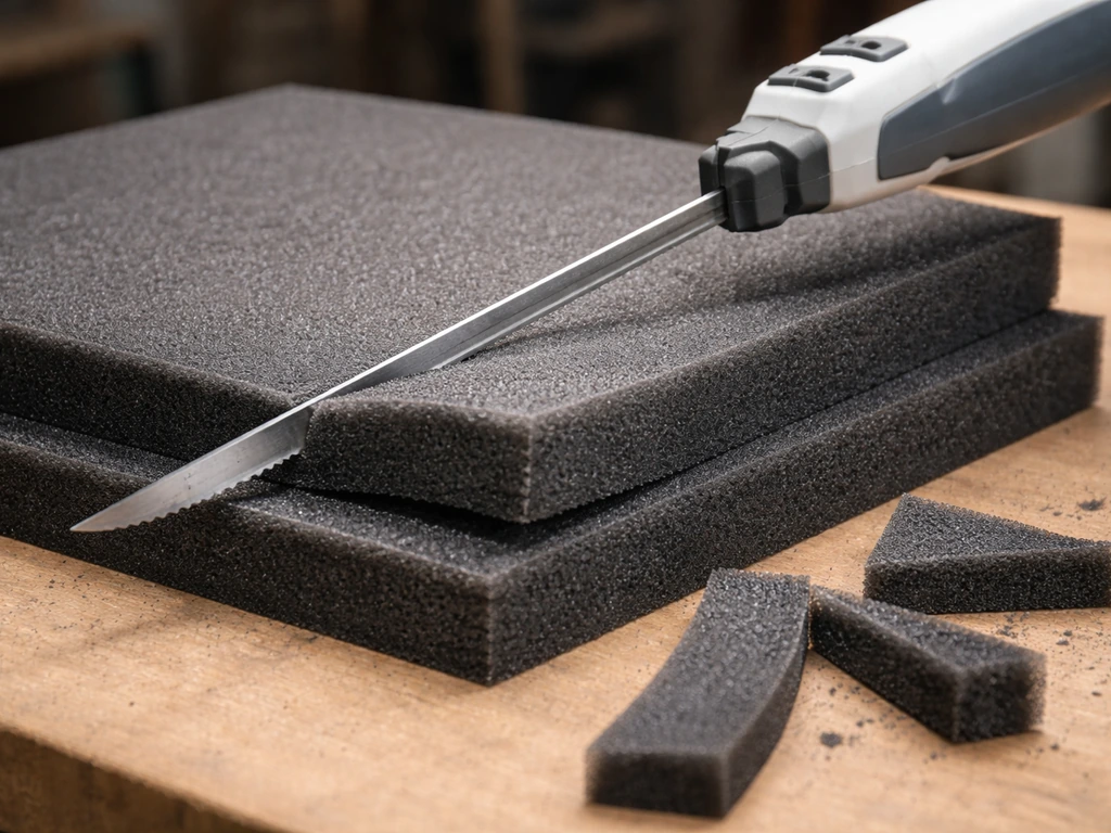 Reticulated foam on a workbench being trimmed with an electric carving knife in smooth long strokes