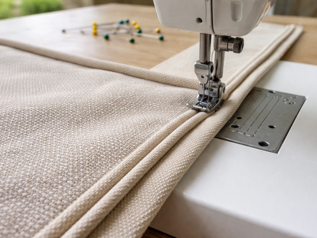 Close-up of a sewing machine stitching a pinned cushion cover piping onto fabric.
