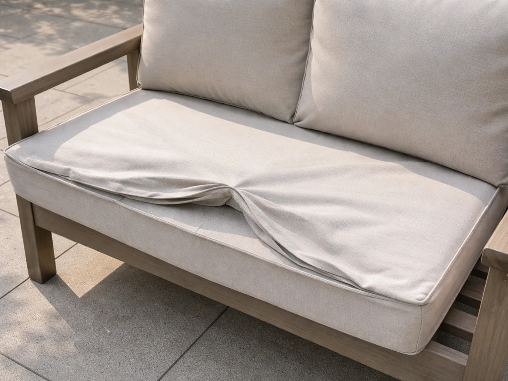 Assembled outdoor cushions placed on a chair/bench for a final fit test before securing permanently.