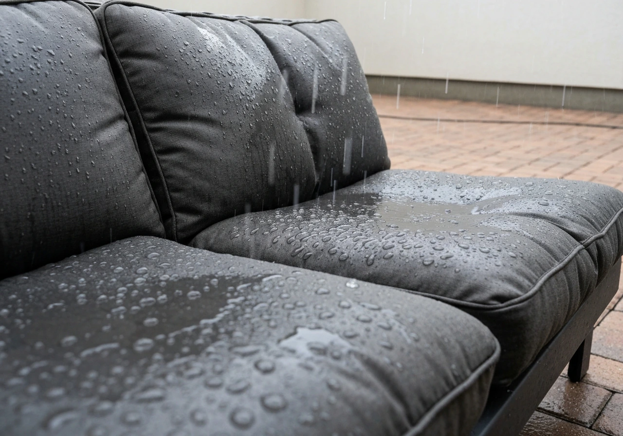 Wet patio cushions on outdoor furniture with rain falling and visible water soaking the fabric.