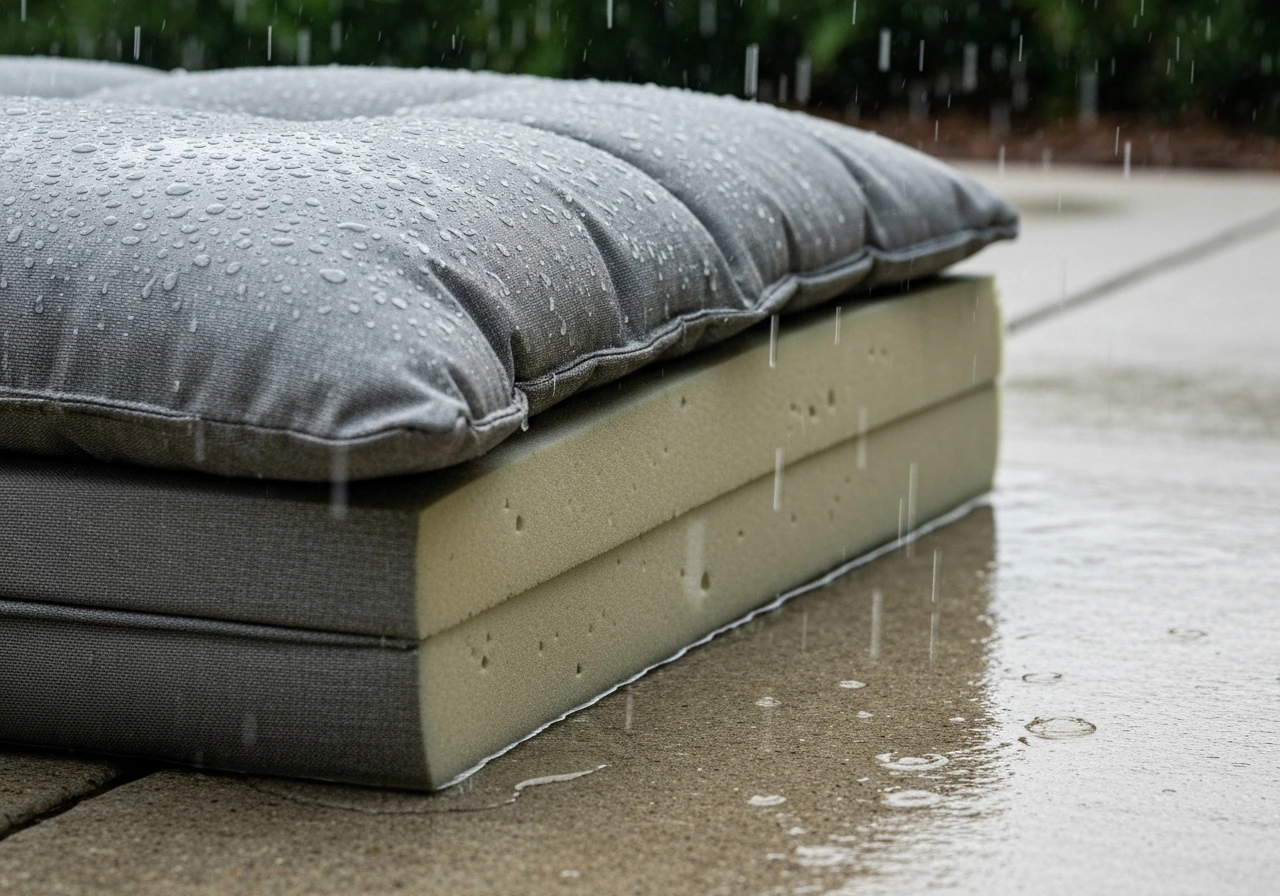 Close-up patio cushion with fabric soaked by rain; water pooling at the bottom while foam stays damp.
