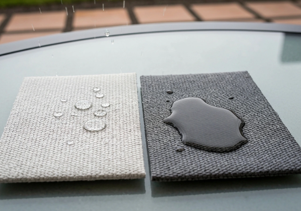 Close-up of two outdoor fabric swatches showing beading on one and saturation on the other after light rain.