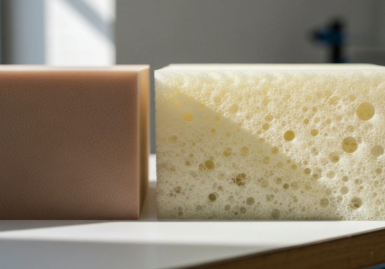 Two foam samples side by side: dense standard polyurethane on left, airy reticulated open-cell on right.