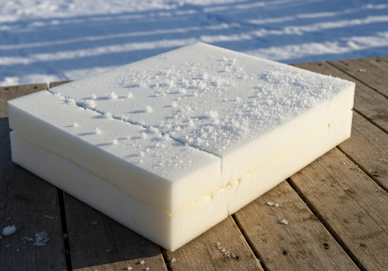 Frozen foam cushion insert with visible frost and ice cracking from freeze-thaw stress.
