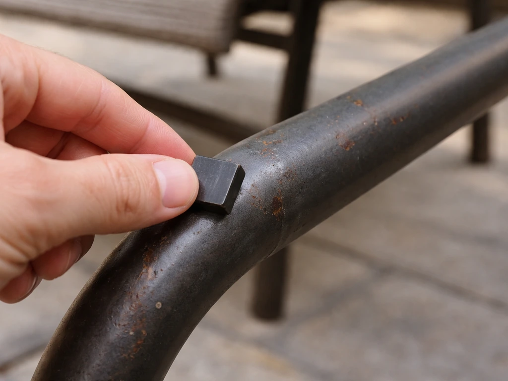 Hand holding a magnet over a scratched metal patio furniture frame with visible rust spots