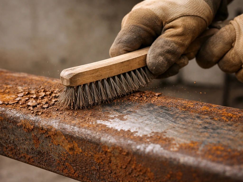 Hands using a wire brush on a rusted steel surface to remove loose rust and peeling paint.