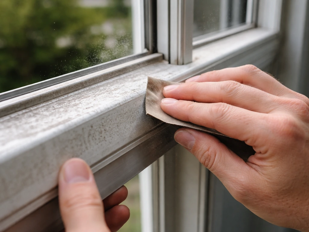 Hand sanding chalky white oxidation off an aluminum window frame outdoors