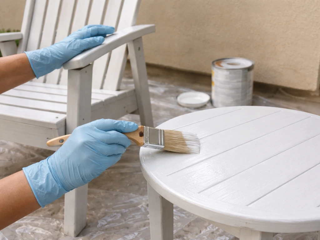 Hands applying primer and protective topcoat with a brush on a wooden patio table outdoors