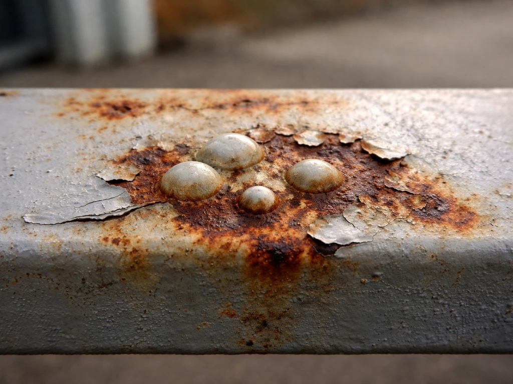 Close-up of a metal surface with bubbling/blistering paint next to rust and peeling edges.