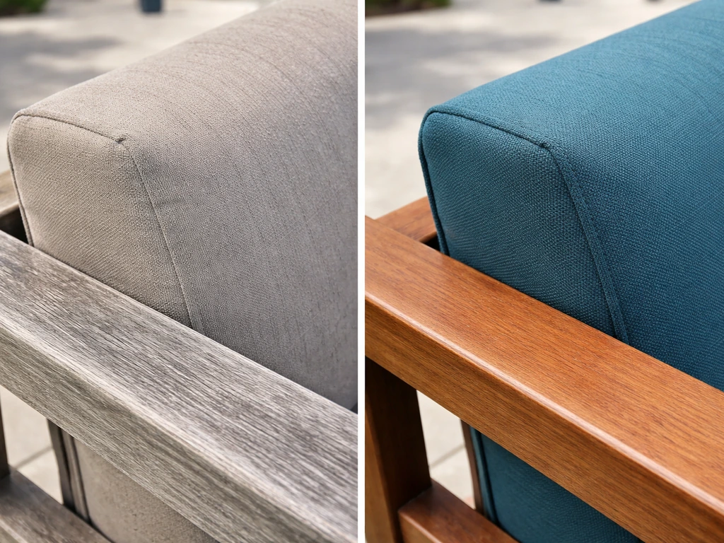 Split close-up showing sun-faded fabric, chalky wood/metal, and minor cracking on outdoor furniture surfaces.