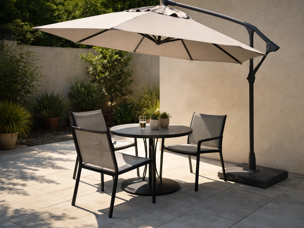 Cantilever patio umbrella angled to cast shade over an outdoor table and chairs on a sunny day.