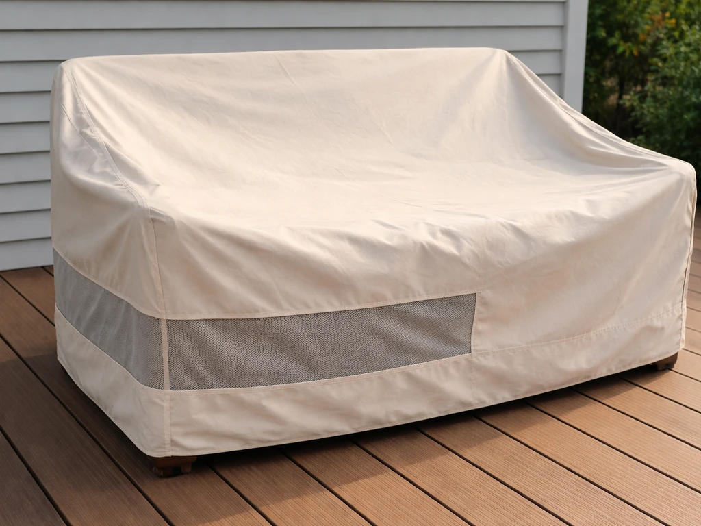 Close-up of a snug breathable patio furniture cover on dry cushions with a visible vent panel