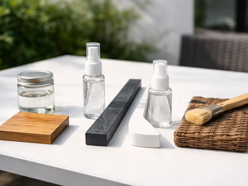 Minimal tabletop scene with four separated patio-care supplies for wood, metal, plastic, and wicker protection.
