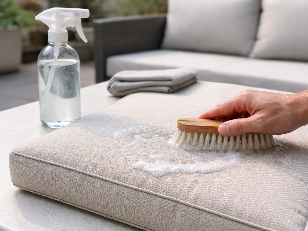 Outdoor cushion fabric being brushed clean with UV protectant bottle and microfiber cloth staged nearby.