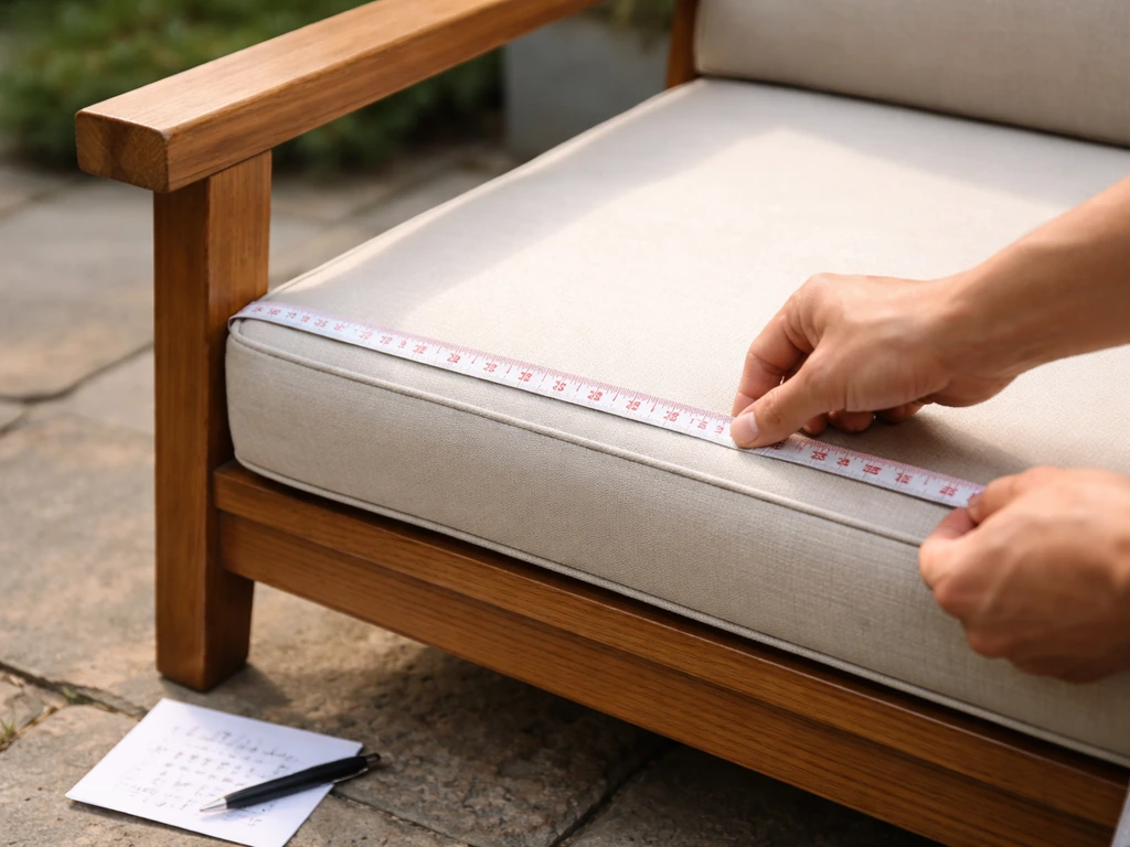 Close-up of a patio chair armrest with a flexible tape measure showing cushion dimensions