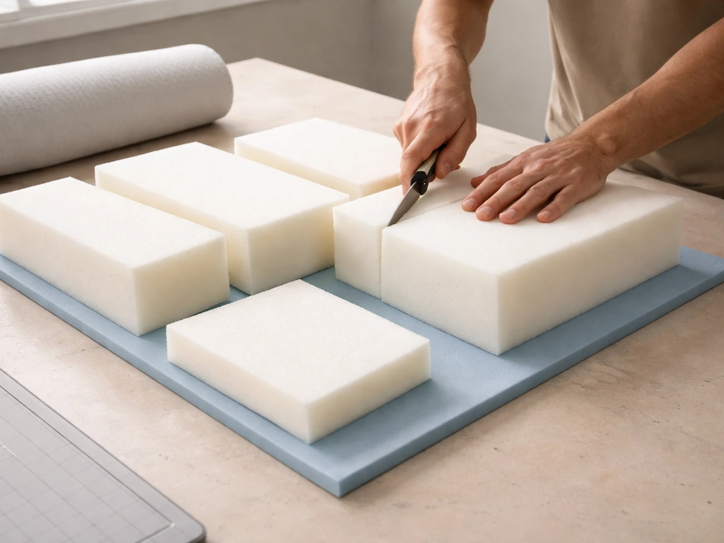 Hands trimming and layering open-cell foam pieces into a rectangular cushion insert on a workbench.