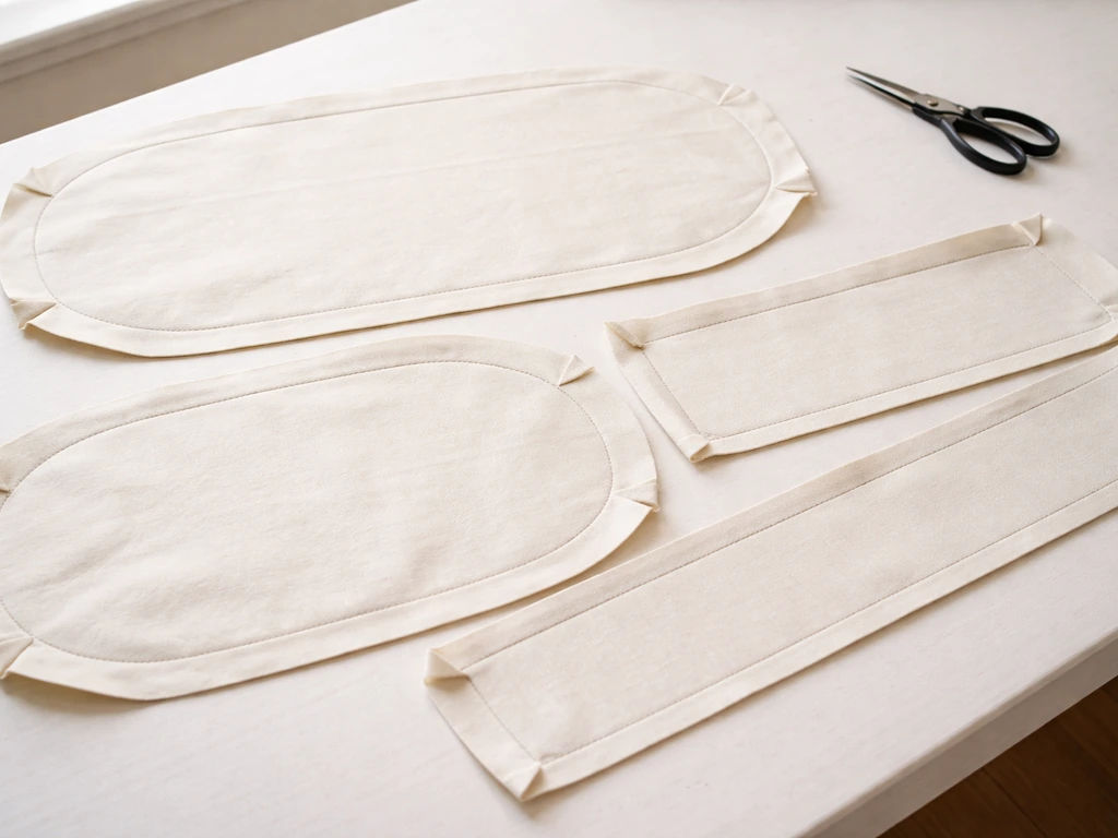 Fabric pattern pieces laid out with seam allowances on a worktable for a cushion cover.