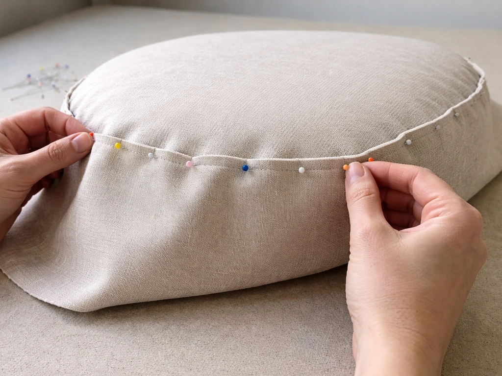 Close-up of fabric boxing strip pinned right-sides together around a cushion form on a sewing table.