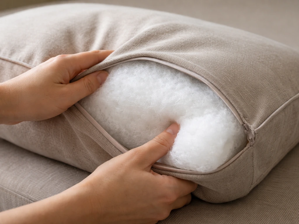 Hands pressing a compressed Dacron-wrapped foam insert into a fabric cover through the open back edge.