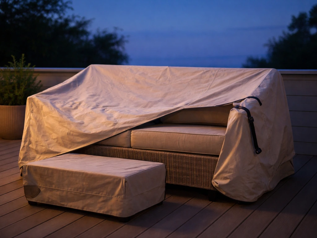 Patio furniture at dusk with a cover partly lifted and secured, suggesting whether to cover it nightly.