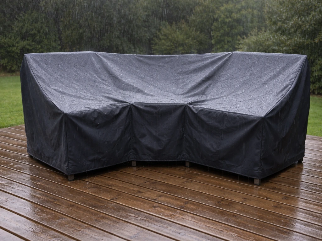 Patio furniture under a waterproof cover with light drizzle and water beading on the cover.