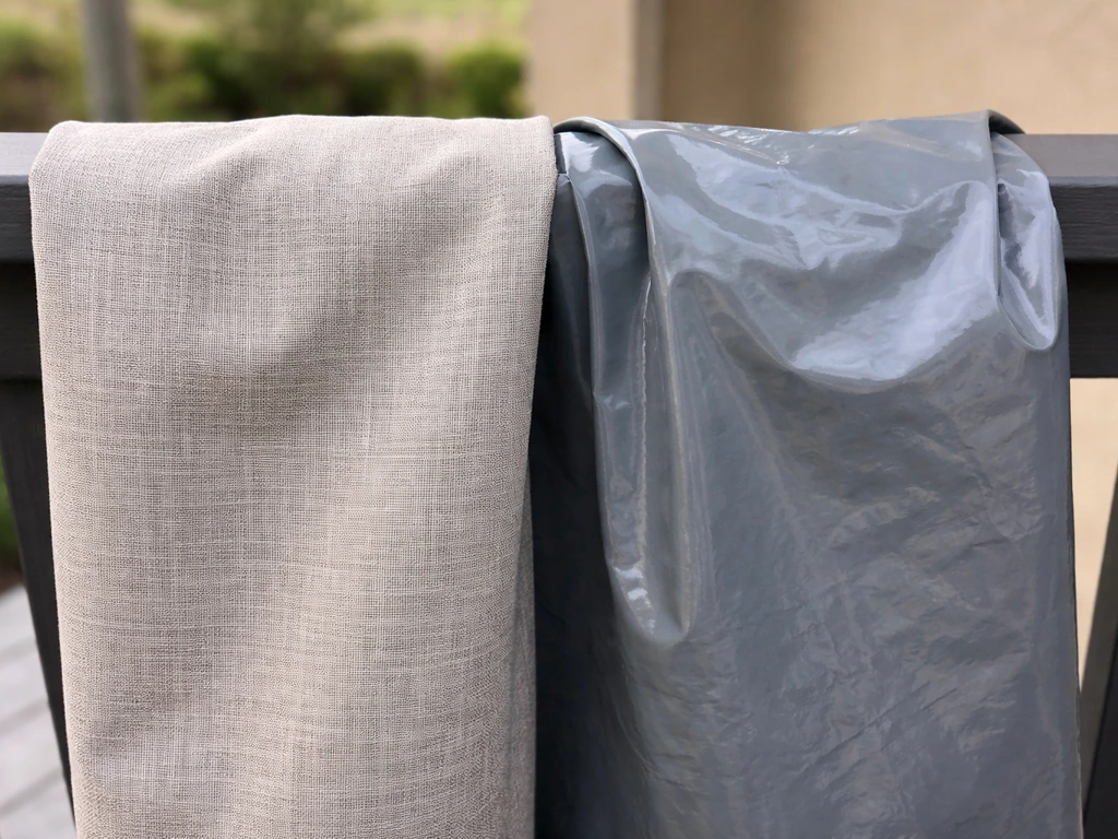 Side-by-side close-up of breathable fabric patio cover vs sealed plastic tarp, highlighting ventilation difference.