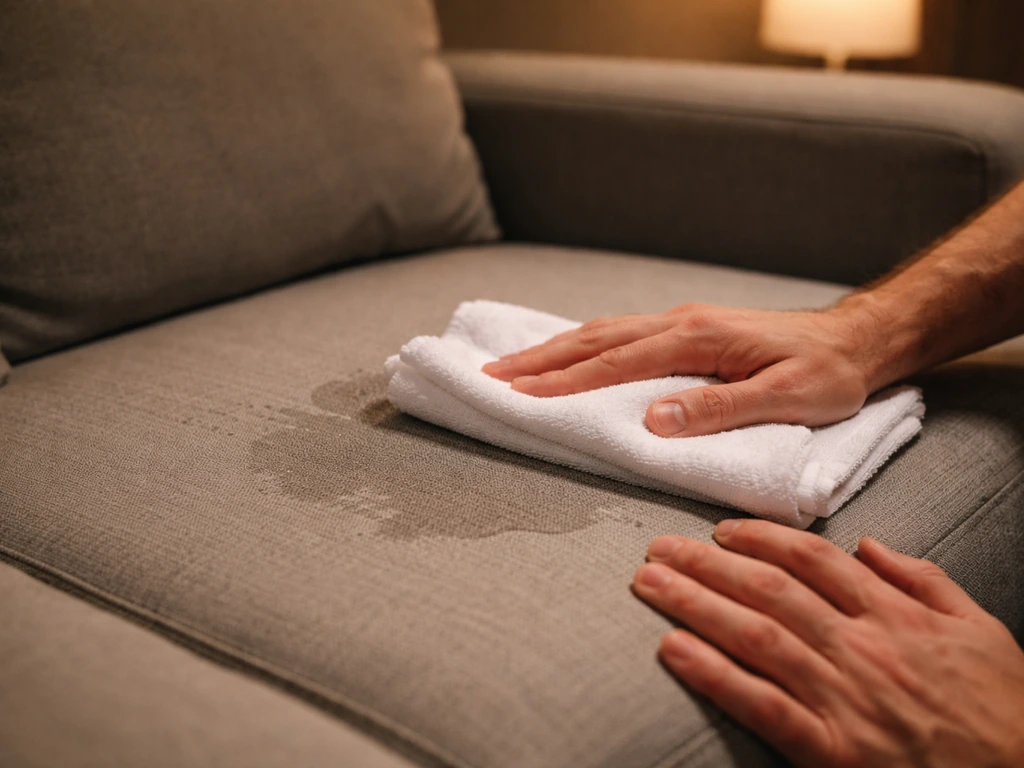 Person’s hand blots a sofa cushion with a towel after a quick moisture check at night.