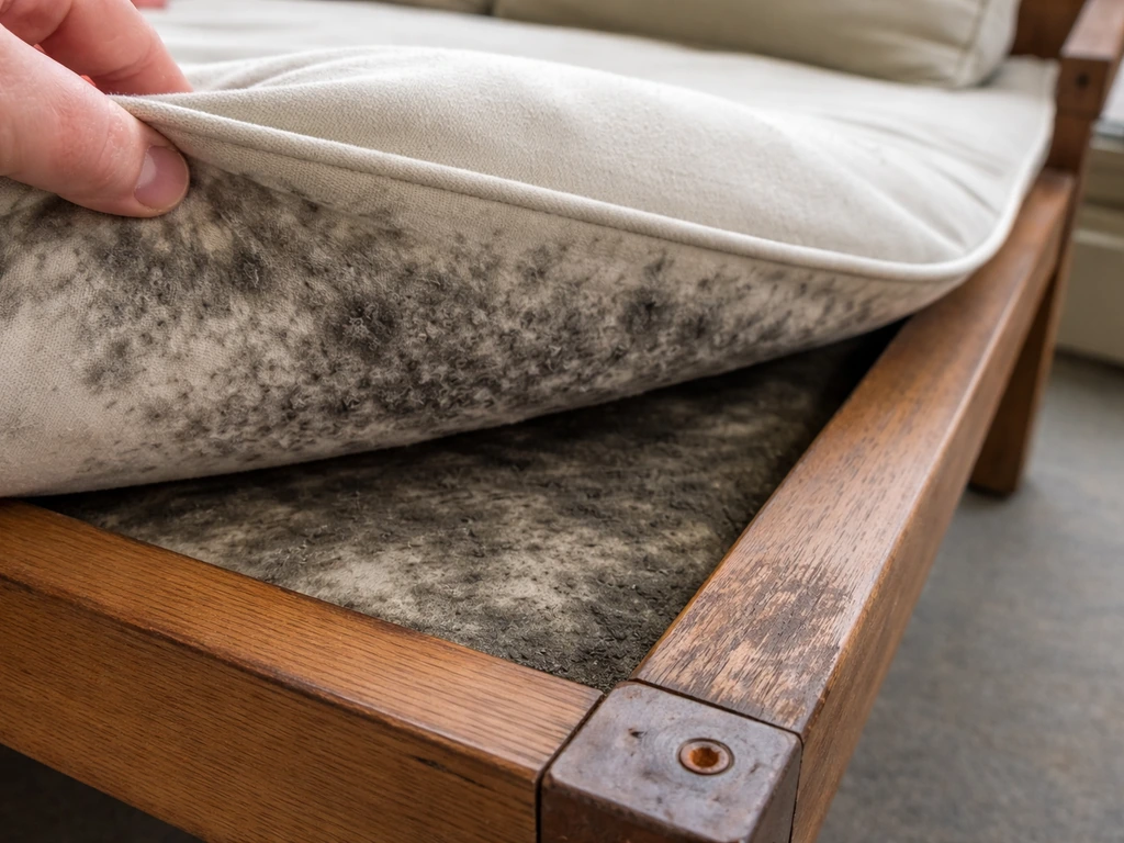 Close-up of cushion mildew and damp wooden frame with rust-orange spots on metal joints