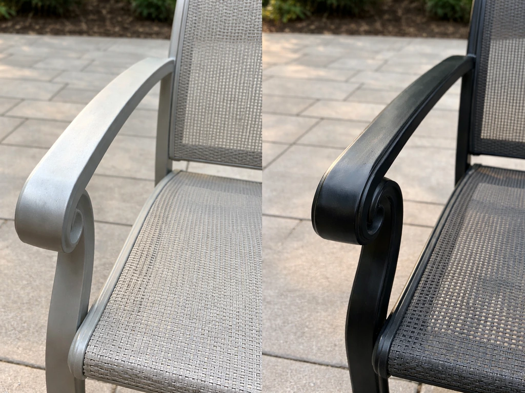 Two patio furniture armrests, one brushed aluminum and one painted steel, side-by-side for easy visual comparison.