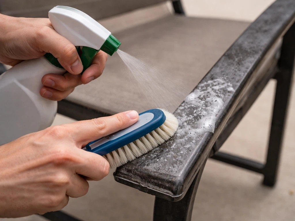 Hands scrubbing metal patio furniture with degreaser to remove greasy residue.