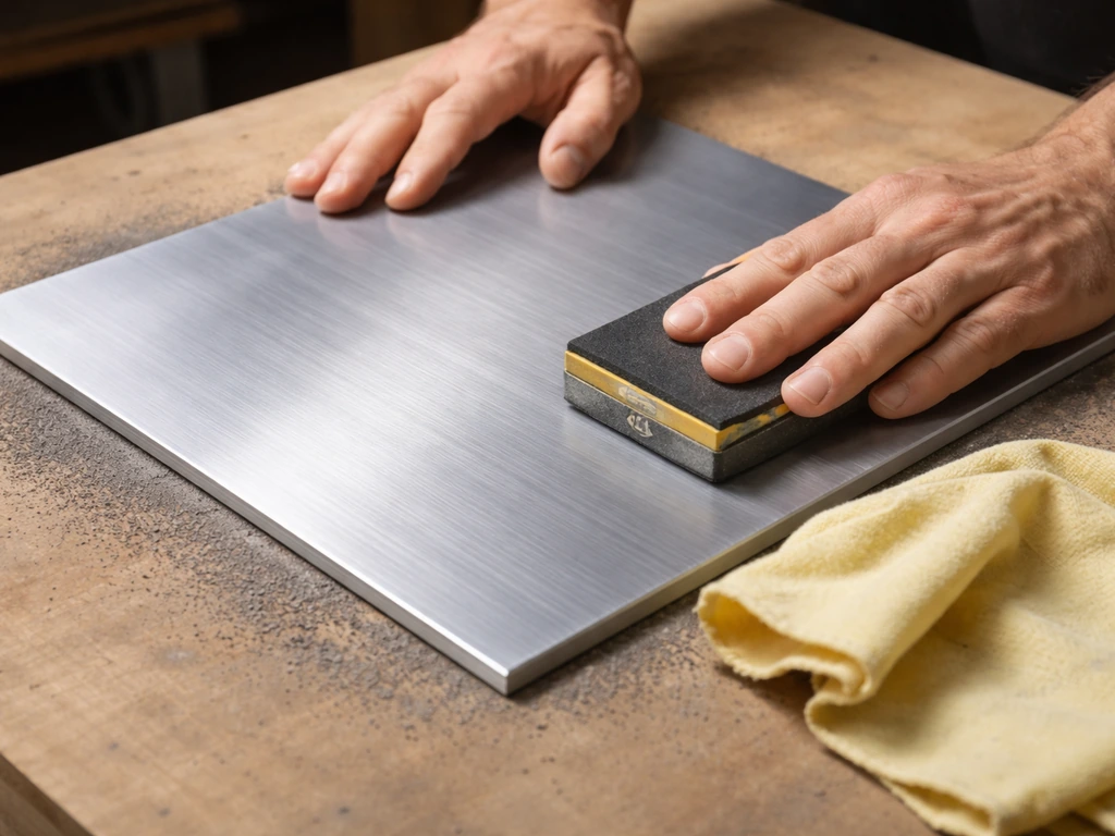 Hands sanding an aluminum panel to a dull, keyed finish, with dust wiped off using a tack cloth.