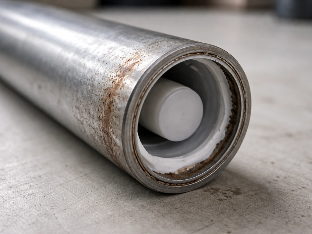 Close-up of an open hollow metal tube leg bottom with caulk/plug sealing the moisture-trap area.