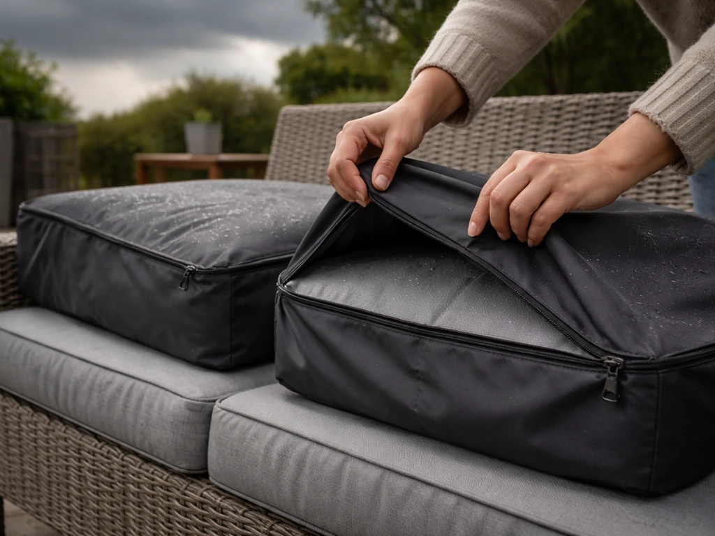 Hands placing fitted cushion bags over patio cushions before an incoming storm.