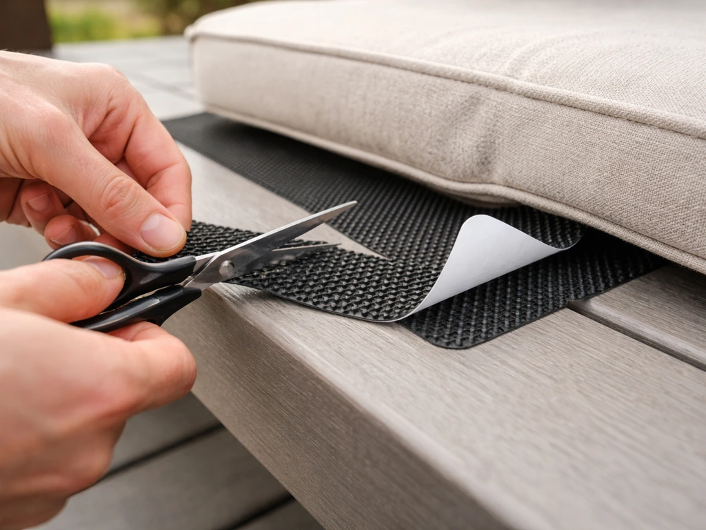 Close-up of self-adhesive non-slip grip pad being cut and pressed onto an outdoor bench seat under a cushion.