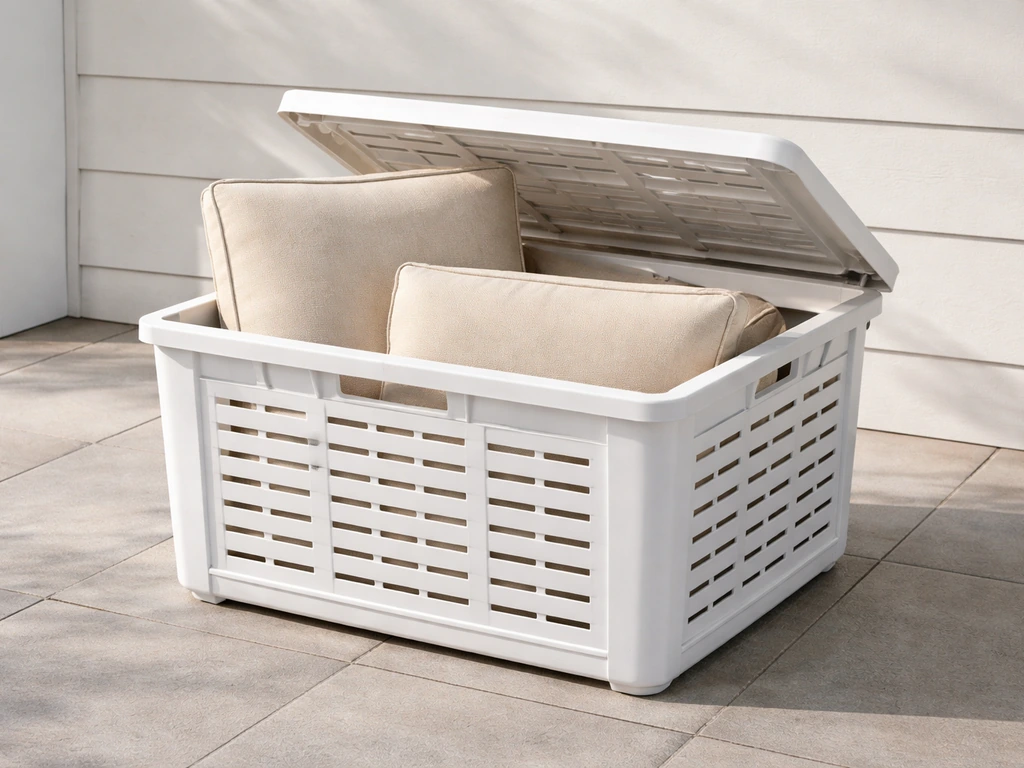 Cushions standing upright in a vented storage bin to keep them dry and prevent mildew during seasonal downtime.