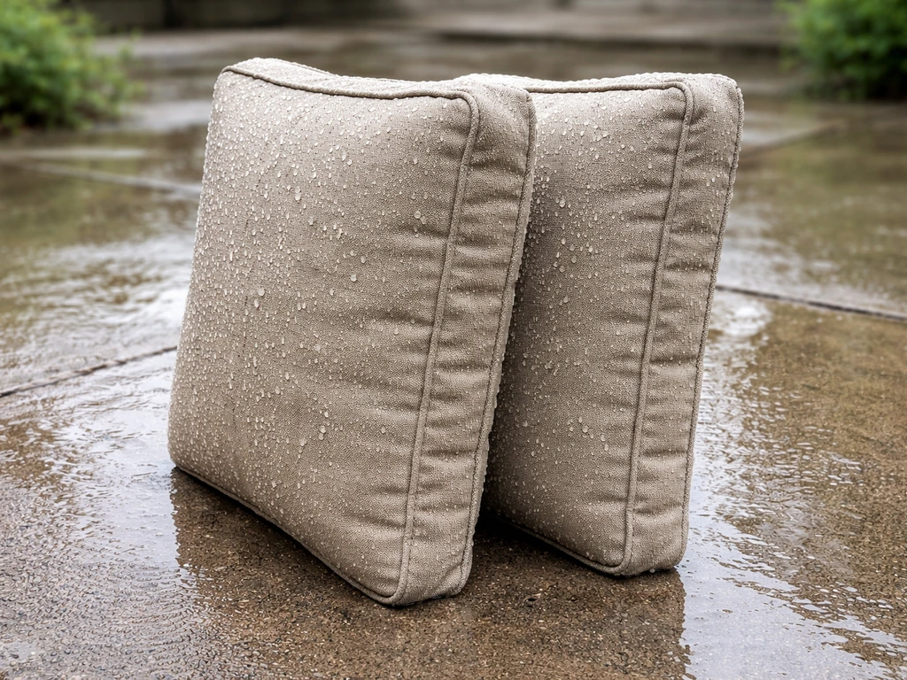 Wet outdoor cushions standing upright on their edges to drain water after rain.