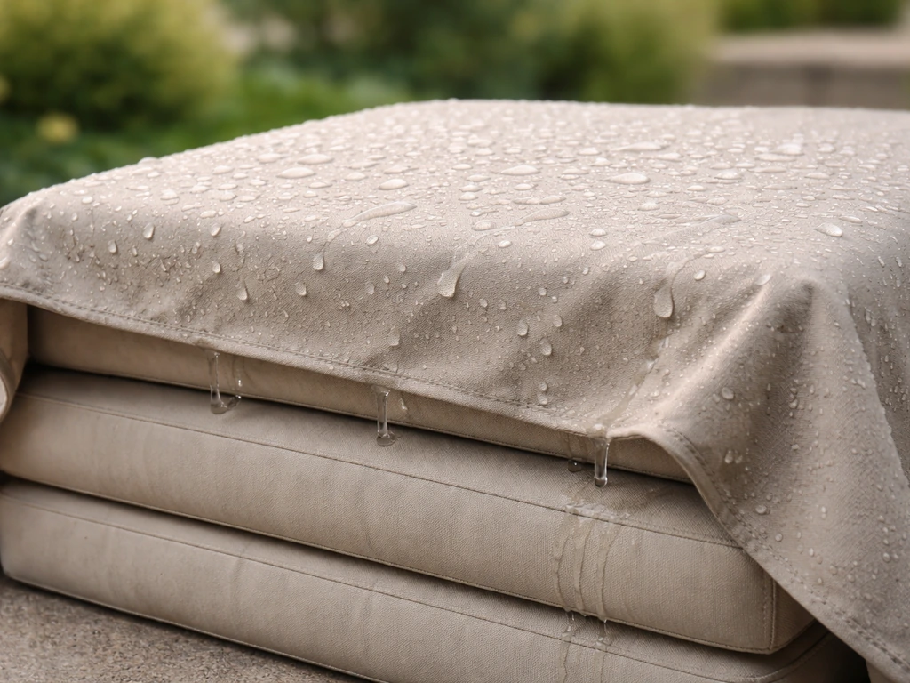 Outdoor cushion cover showing water beading and pooling on top of cushions