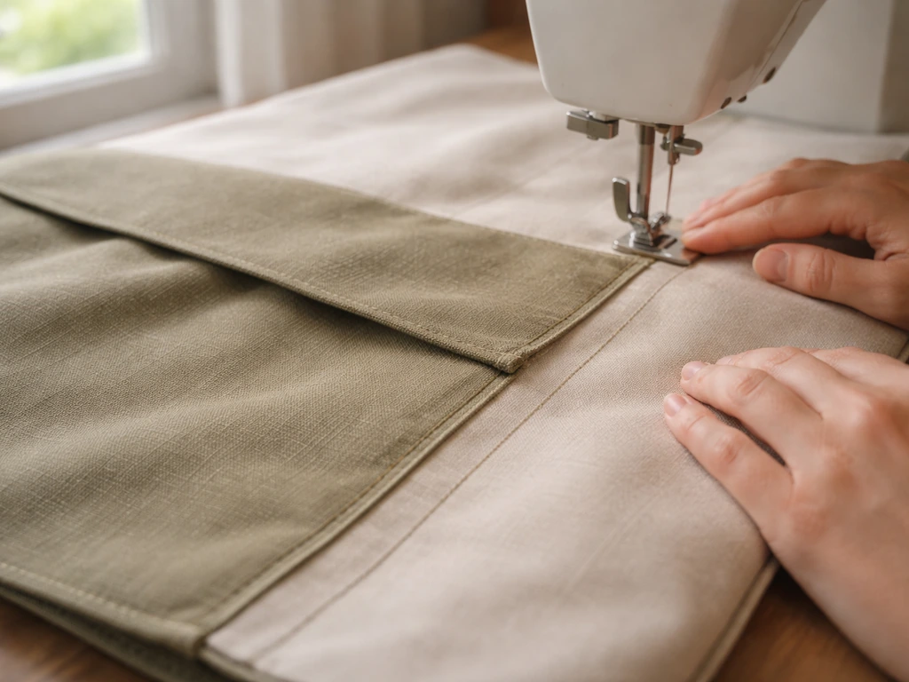 Close-up of hands sewing aligned fabric panels for a patio cushion cover, zipper opening area in progress.