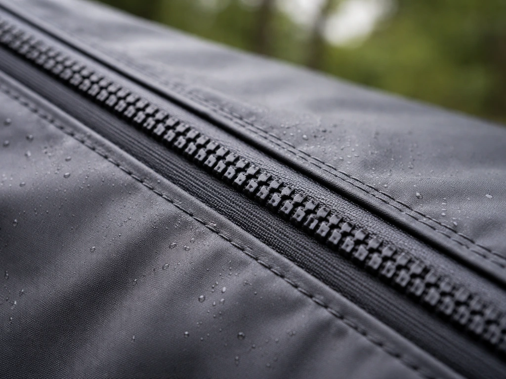 Close-up of a water-resistant zipper and fabric seam edge with seam placement visible