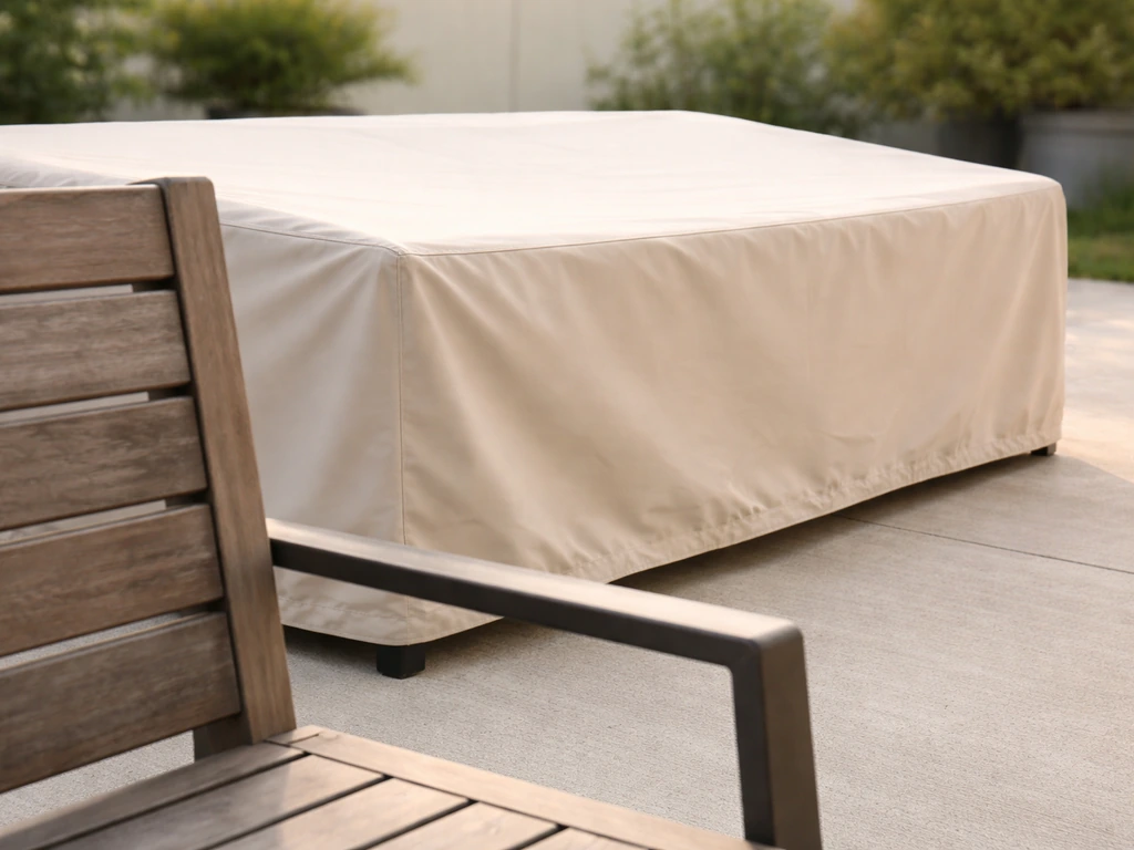 Patio furniture with fitted cover, clean wood and metal details, suggesting year-round protection