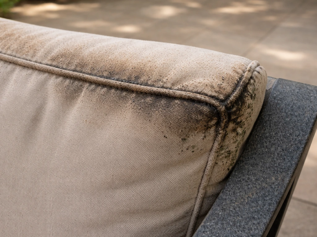 Close-up of patio furniture with sun fading, grime, and mildew spots indicating likely damage causes.