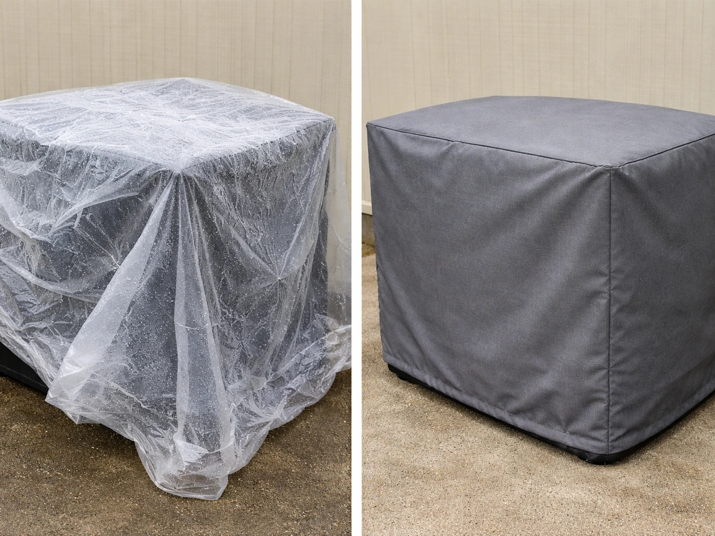 Loose plastic tarp shows trapped moisture while a breathable fitted cover sits tight and airy.