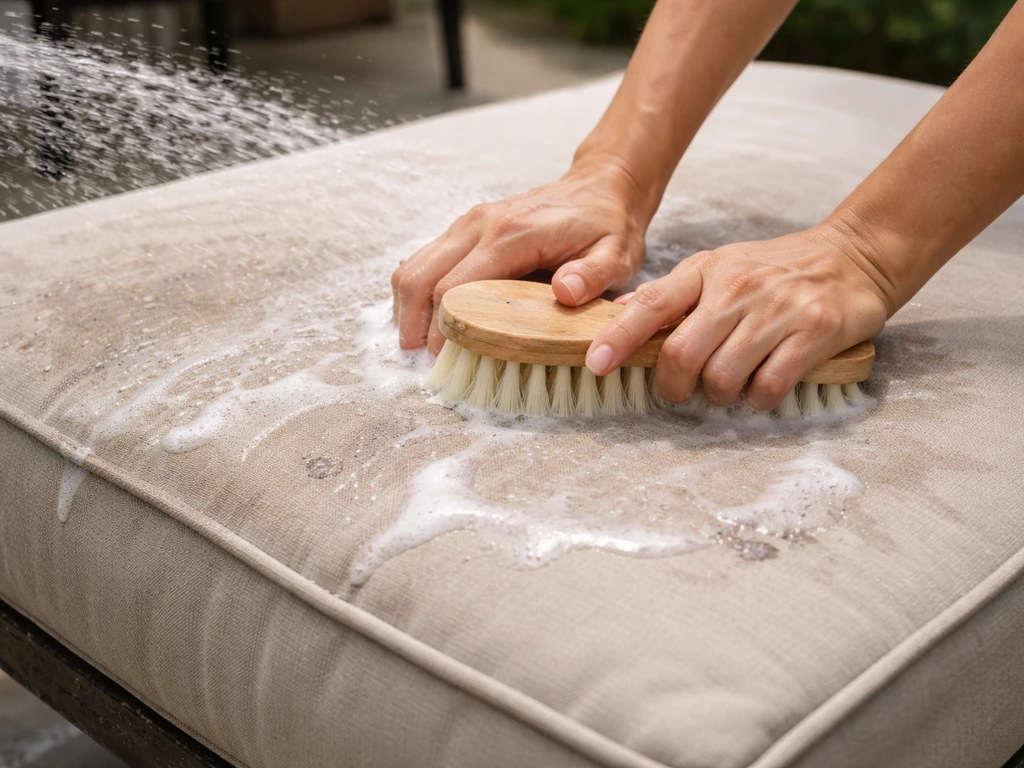 Hands scrubbing and rinsing a dirty fabric patio cushion to prevent mildew buildup.