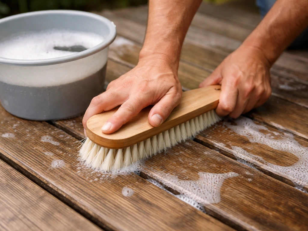 Hands scrubbing a weathered wooden patio plank with soapy water using a stiff-bristle brush