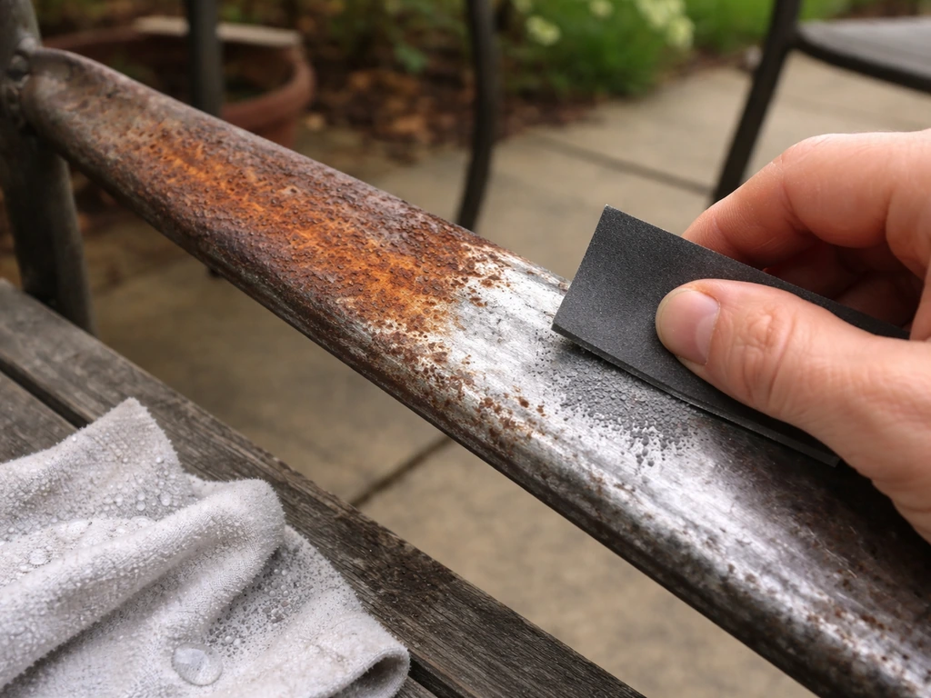 Close-up of sanding rust spot on metal patio furniture, with clean metal surface emerging.