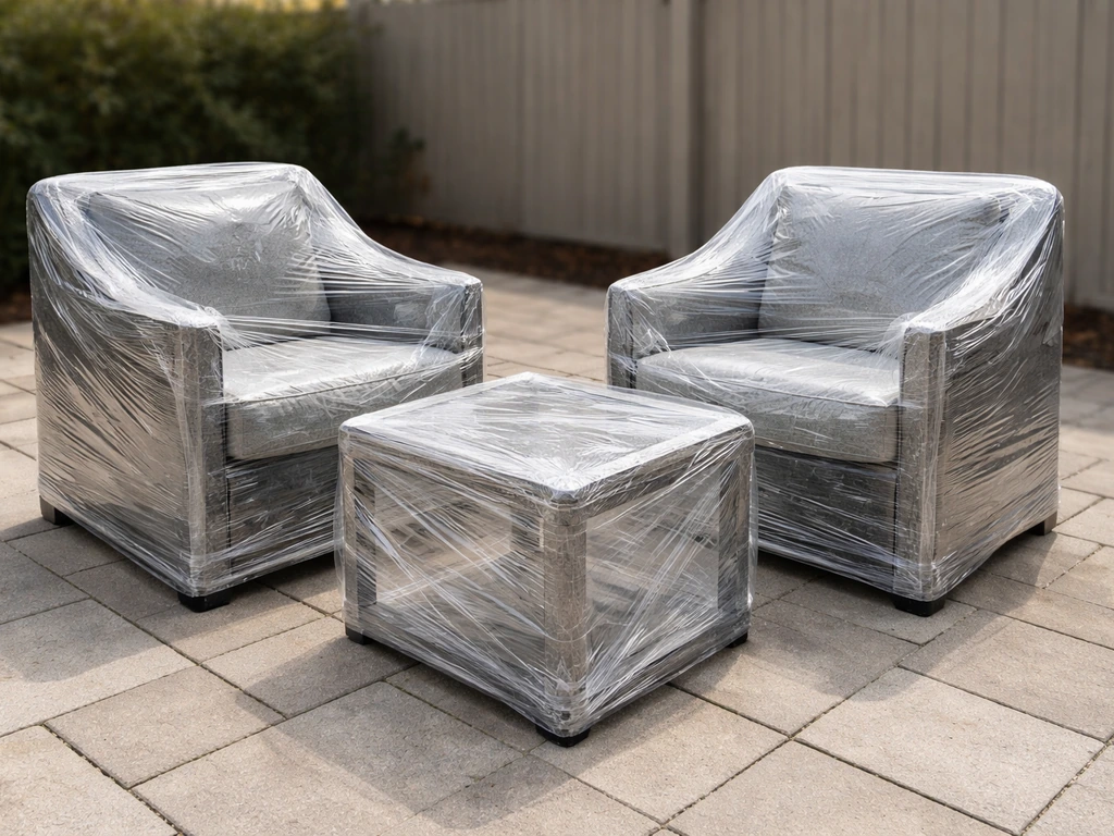 Two patio chairs and a table fully covered in clear shrink wrap with taped seams for winter protection.