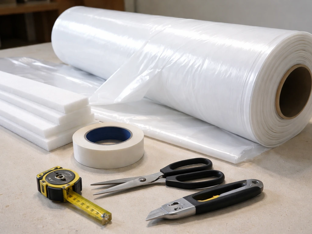 Shrink-wrap supplies laid out neatly: polyethylene film, preservation tape, edge padding, tape measure, and scissors/kni